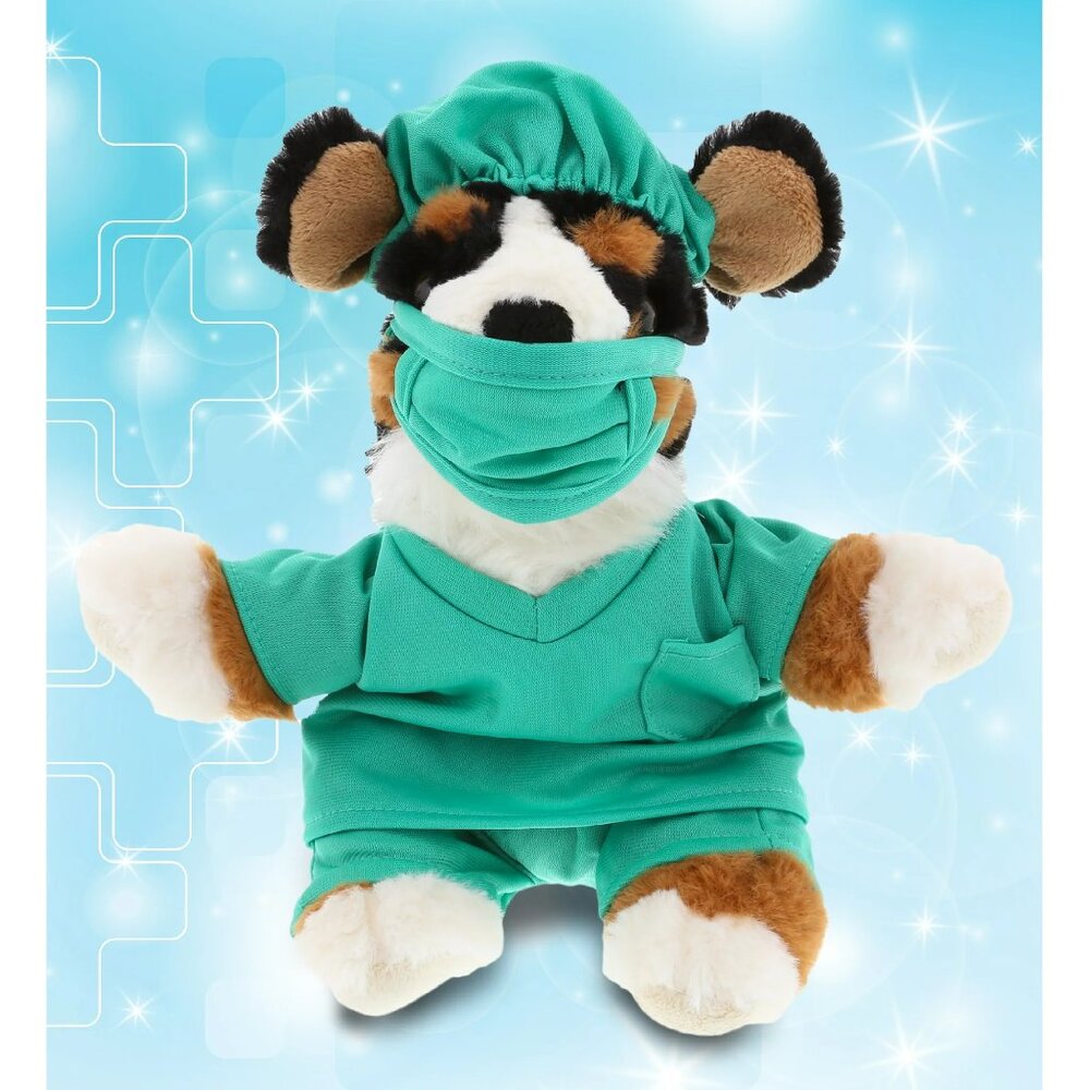 DolliBu Bernese Dog Doctor Plush Toy with Cute Scrub Uniform & Cap - 8" Inch